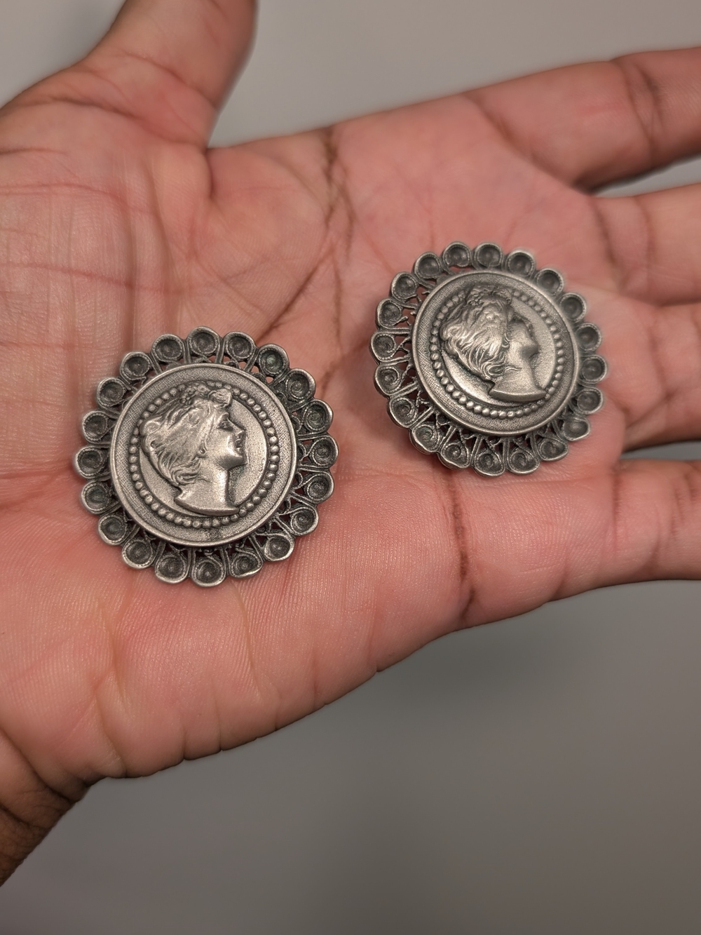 Antique-Style Silver Medallion Statement Earrings